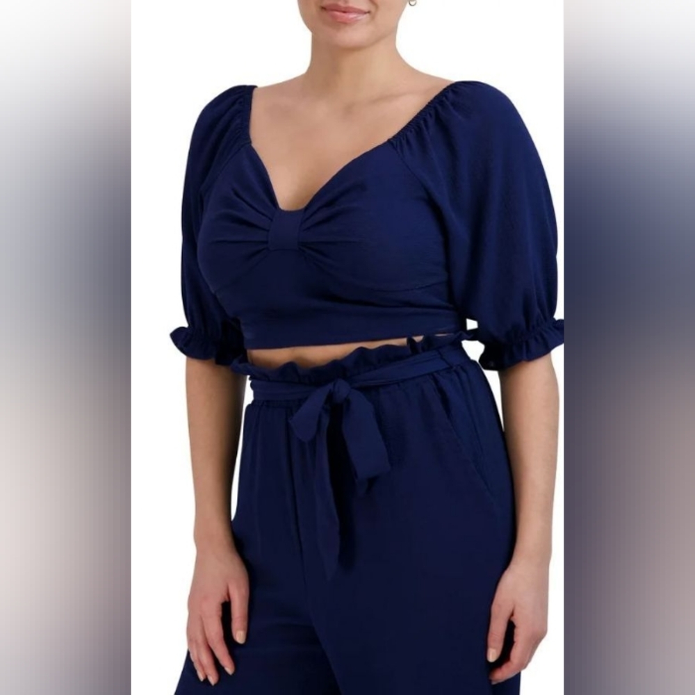 BCBG Paris Blue Gathered Back Puff Sleeve Bow Front Crop Top - Picture 4 of 12